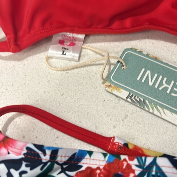 SHEKINI 2 piece Red and Floral Print Strappy Back Bikini; women size L - Picture 10 of 14